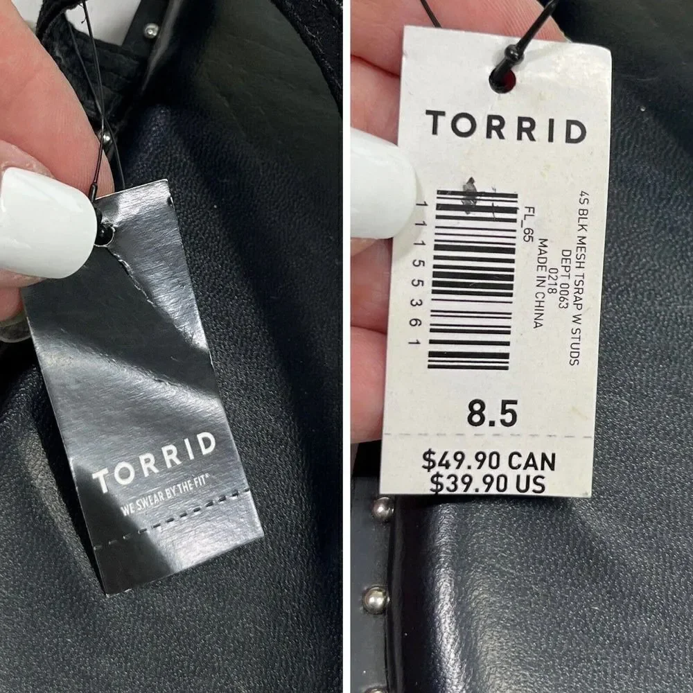 Torrid Mesh T Strap Thong Sandals‎ Sz 8.5 W Wide Black Studded Ankle Strap